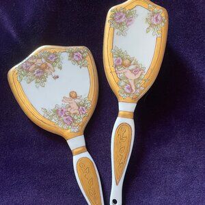 Vanity Mirror and Brush Set Handpainted Signed Gold Rimmed Cherub Design